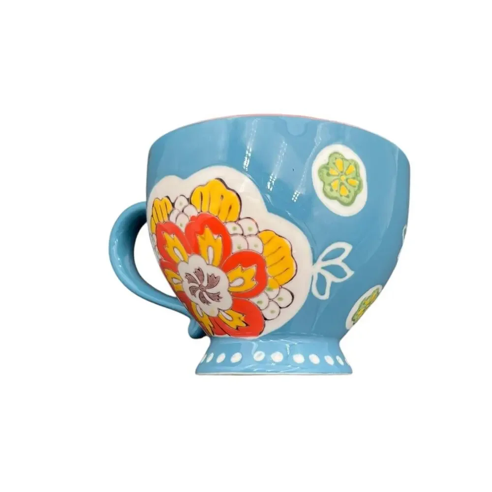Anthropologie Dutch Wax Hand Painted Tea/Coffee Cup Blue Yellow Floral Large EUC